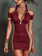 Women's elastic contrast stripe mini dress by Plush Fashion Hub featuring high waist, zipper, and fitted style.