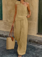 Shopimist one-shoulder floral embellished top and matching pants set, stylish two-piece fashion ensemble for women.
