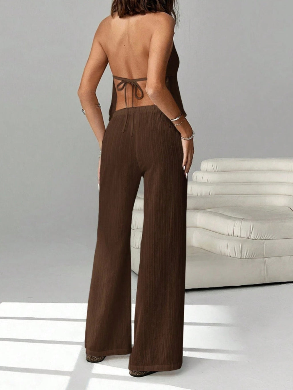 Shopimist halter neck cami and pants set, stylish matching outfit featuring a halter top and high-waisted pants, perfect for summer wear