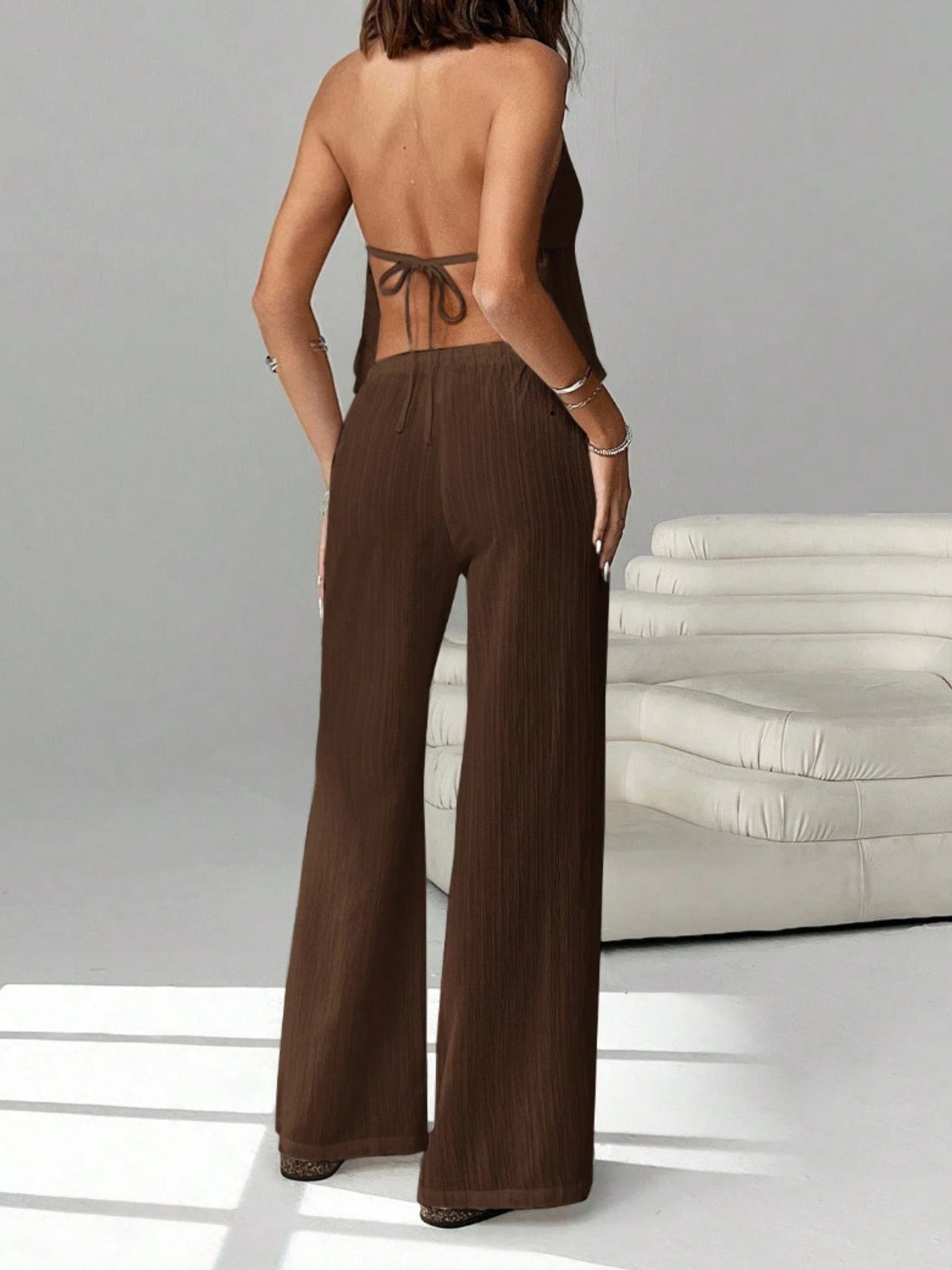 Shopimist halter neck cami and pants set, stylish matching outfit featuring a halter top and high-waisted pants, perfect for summer wear