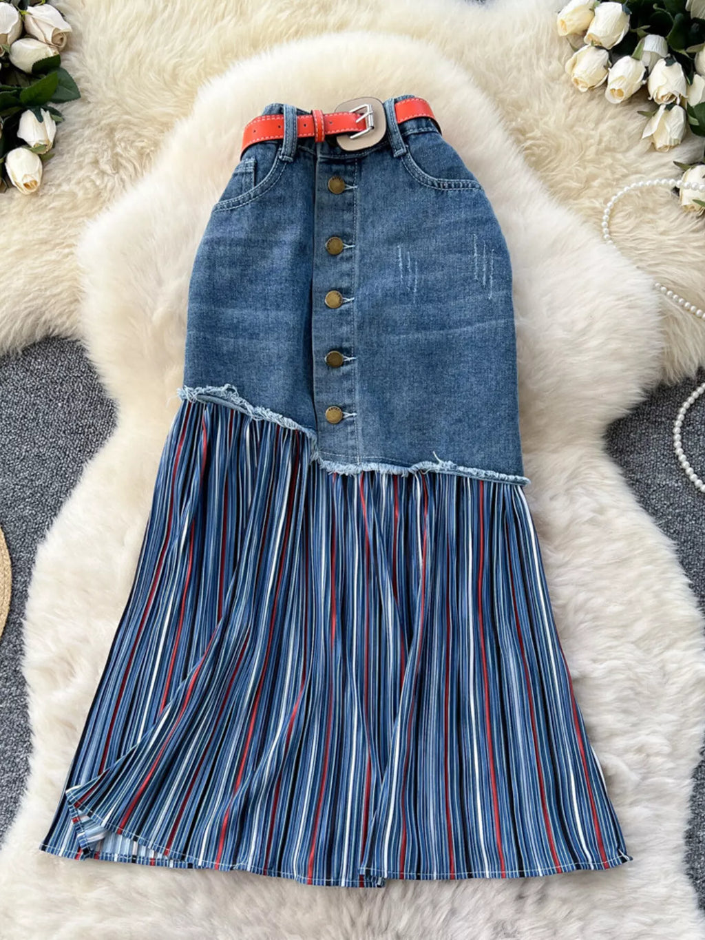 Plus size striped patchwork denim skirt by Plush Fashion Hub featuring a full-length design and vibrant patchwork pattern.