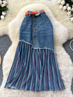 Plus size striped patchwork denim skirt by Plush Fashion Hub featuring a full-length design and vibrant patchwork pattern.