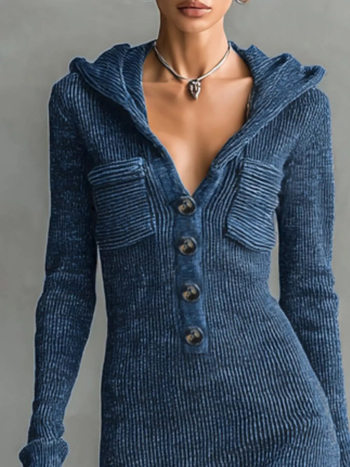 Knit hooded maxi dress with button placket and pockets by Trendsi, featuring a cozy, casual style and relaxed fit.