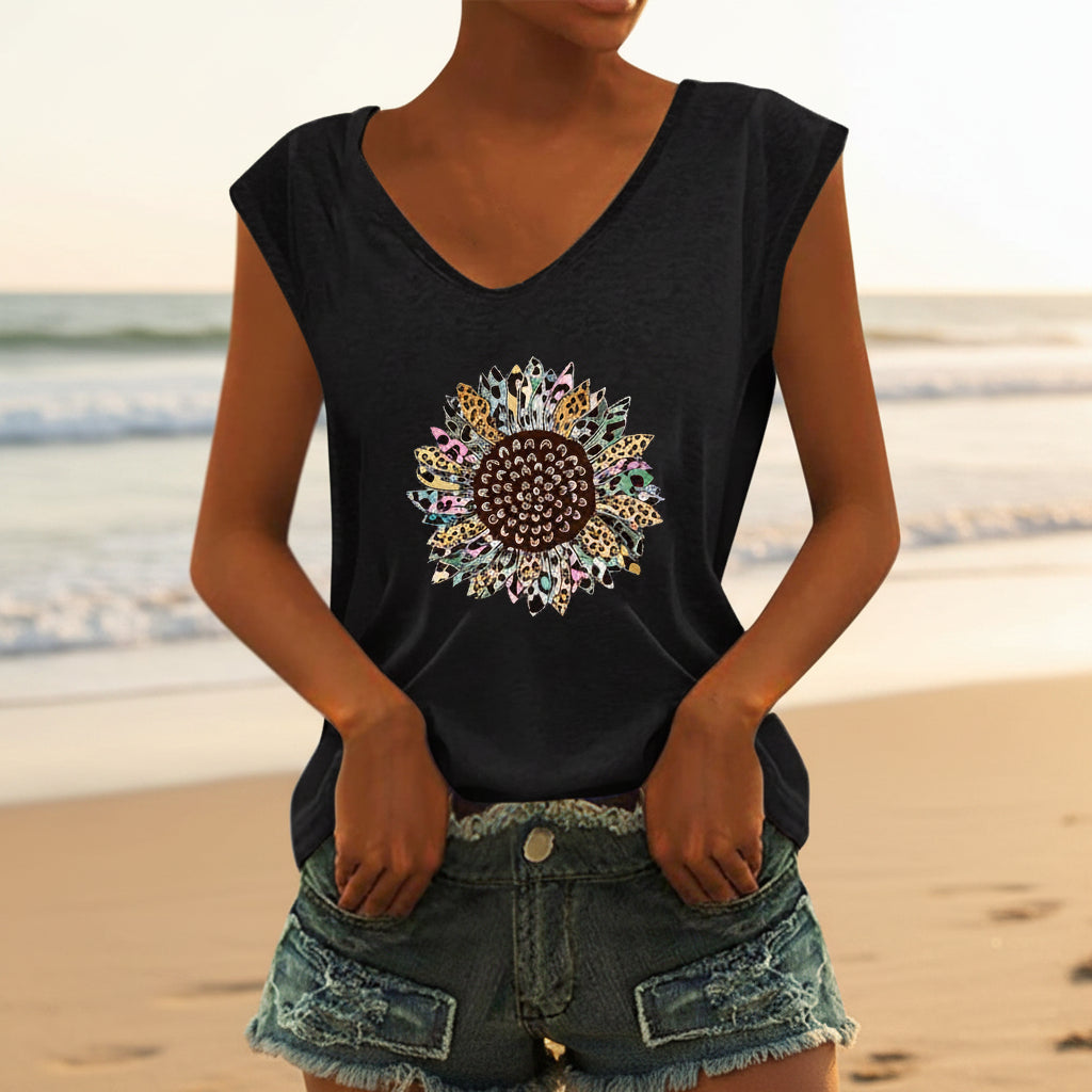 Women's V-neck printed short sleeve loose top by FitiqueFit in various colors, lightweight and casual T-shirt for comfortable wear.