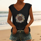 Women's V-neck printed short sleeve loose top by FitiqueFit in various colors, lightweight and casual T-shirt for comfortable wear.