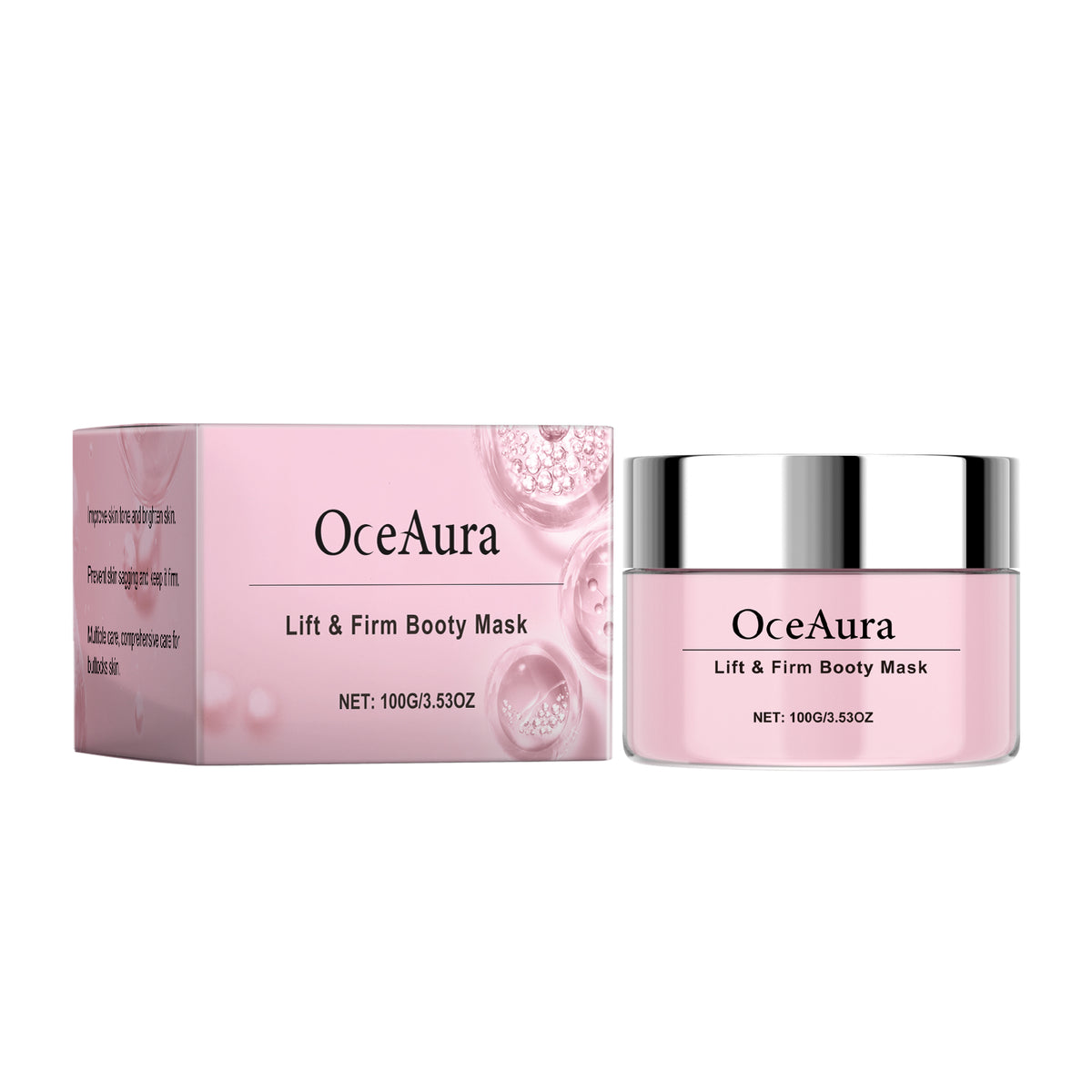 Pink OceAura Lift & Firm Booty Mask jar with a silver lid and matching product box.