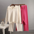 FitiqueFit women's solid color lapel sweater set, casualwear with a cozy sweater and matching pants, on a plain background.
