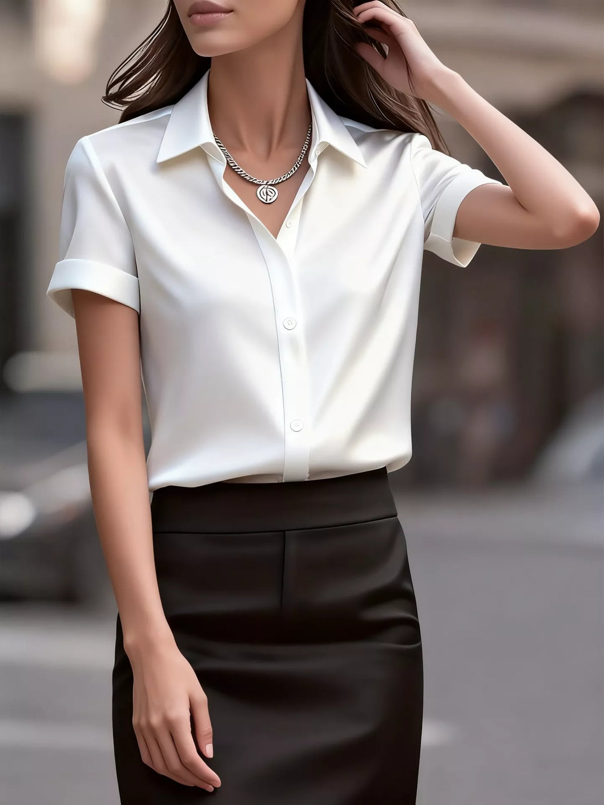 Plush Fashion Hub satin short-sleeve shirt with a smooth, shiny fabric and classic collar, displayed on a hanger.