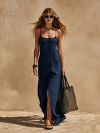 Women's minimalist sleeveless slip dress in soft fabric, loose fit resort style casualwear by Plush Fashion Hub.