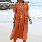 Women's casual cotton linen short-sleeve midi dress by Plush Fashion Hub, featuring a relaxed fit and breathable fabric.