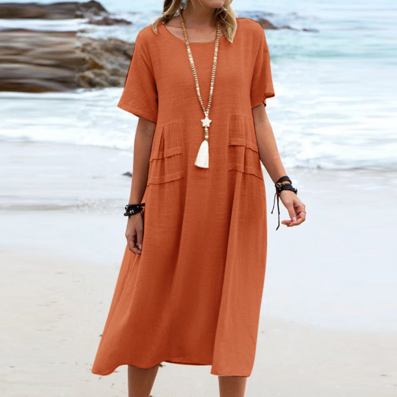 Women's casual cotton linen short-sleeve midi dress by Plush Fashion Hub, featuring a relaxed fit and breathable fabric.
