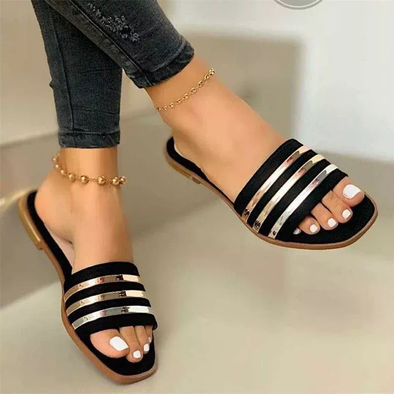 Women's open toe striped flat sandals by Plush Fashion Hub, featuring comfortable PU leather and summer-ready design.