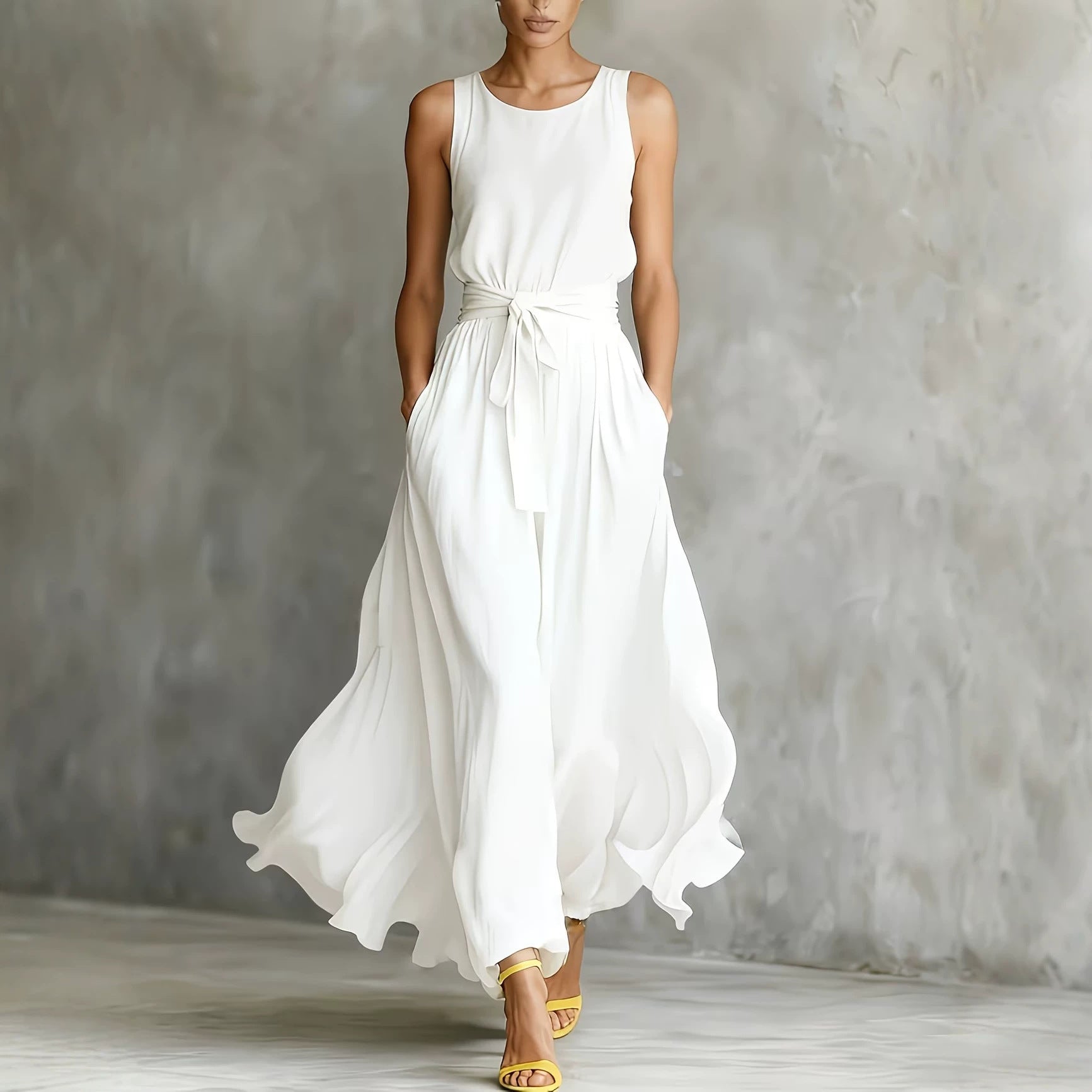 Women's sleeveless lace-up waist-cinching maxi dress by FitiqueFit featuring a flowy silhouette and elegant design.