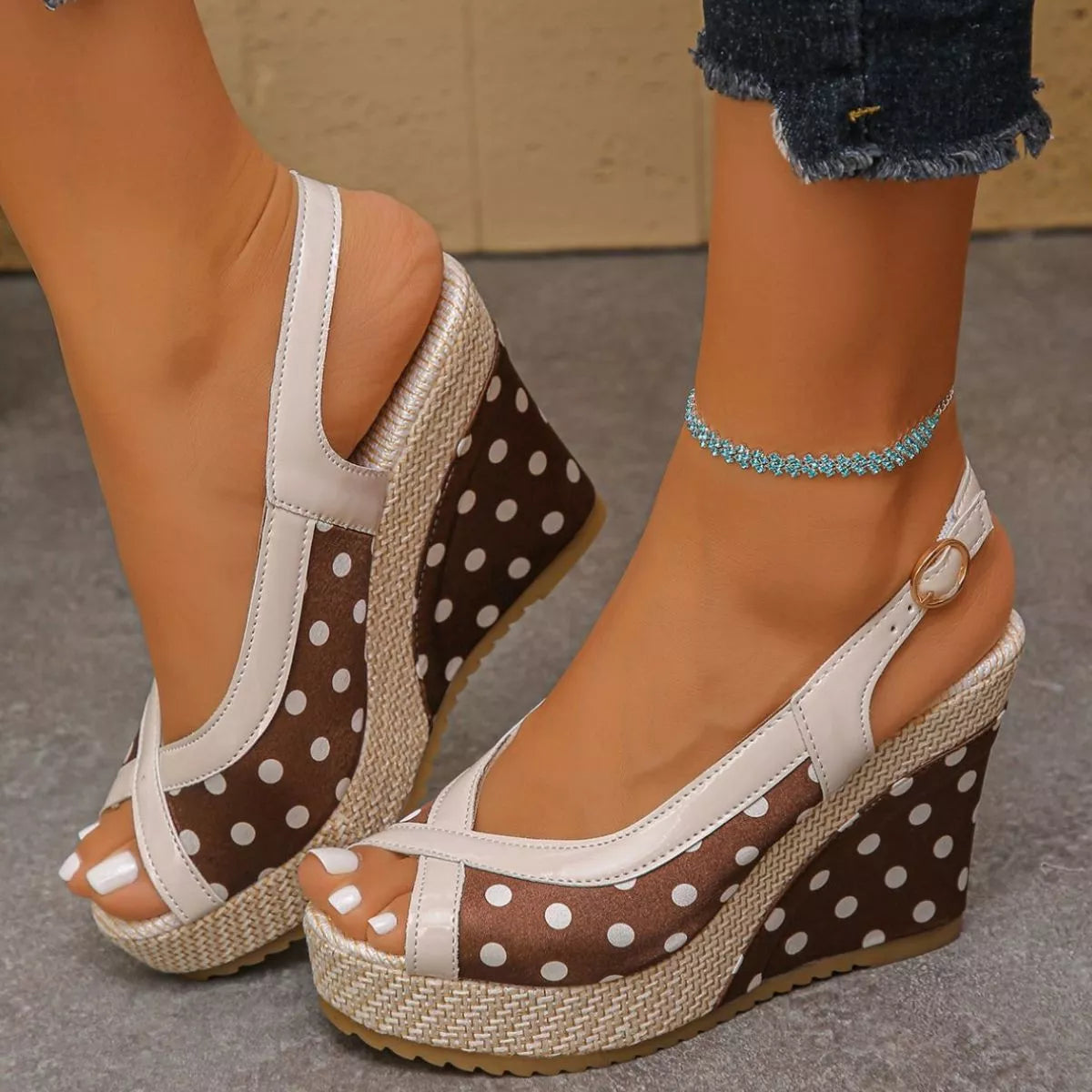 Polka dot peep toe wedge sandals by Trendsi, stylish footwear with a peep toe design and wedge heel, perfect for summer.