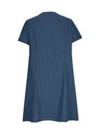VYSN full size notched short sleeve denim dress displayed on a hanger, showcasing its stylish design and fit.