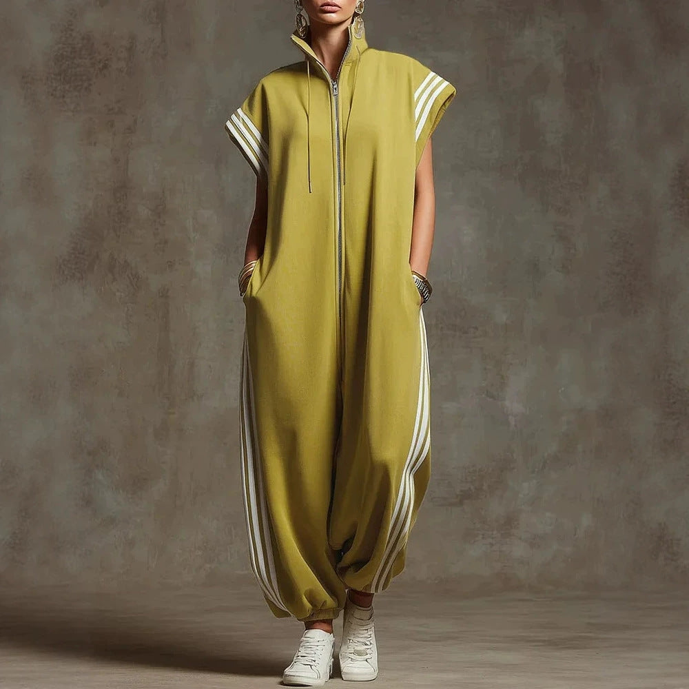 Fashionable Stripe Zipper Stand Collar Jumpsuit for Spring and Summer