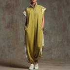 Fashionable Stripe Zipper Stand Collar Jumpsuit for Spring and Summer