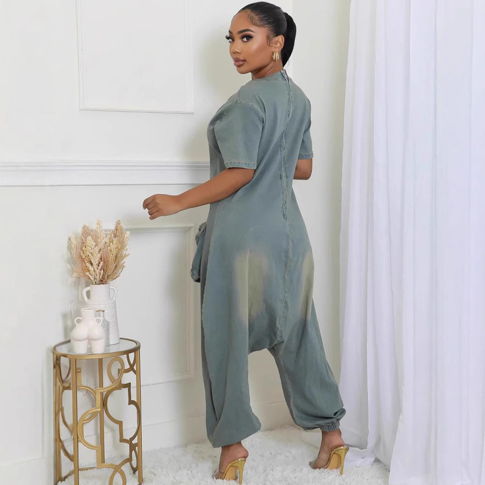 Women's Loose Fit Peacock Blue Washed Denim Overalls with Pockets