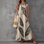 Printed V-neck sleeveless high-waist maxi dress by FitiqueFit in three colors, featuring a flowy design and elegant silhouette.
