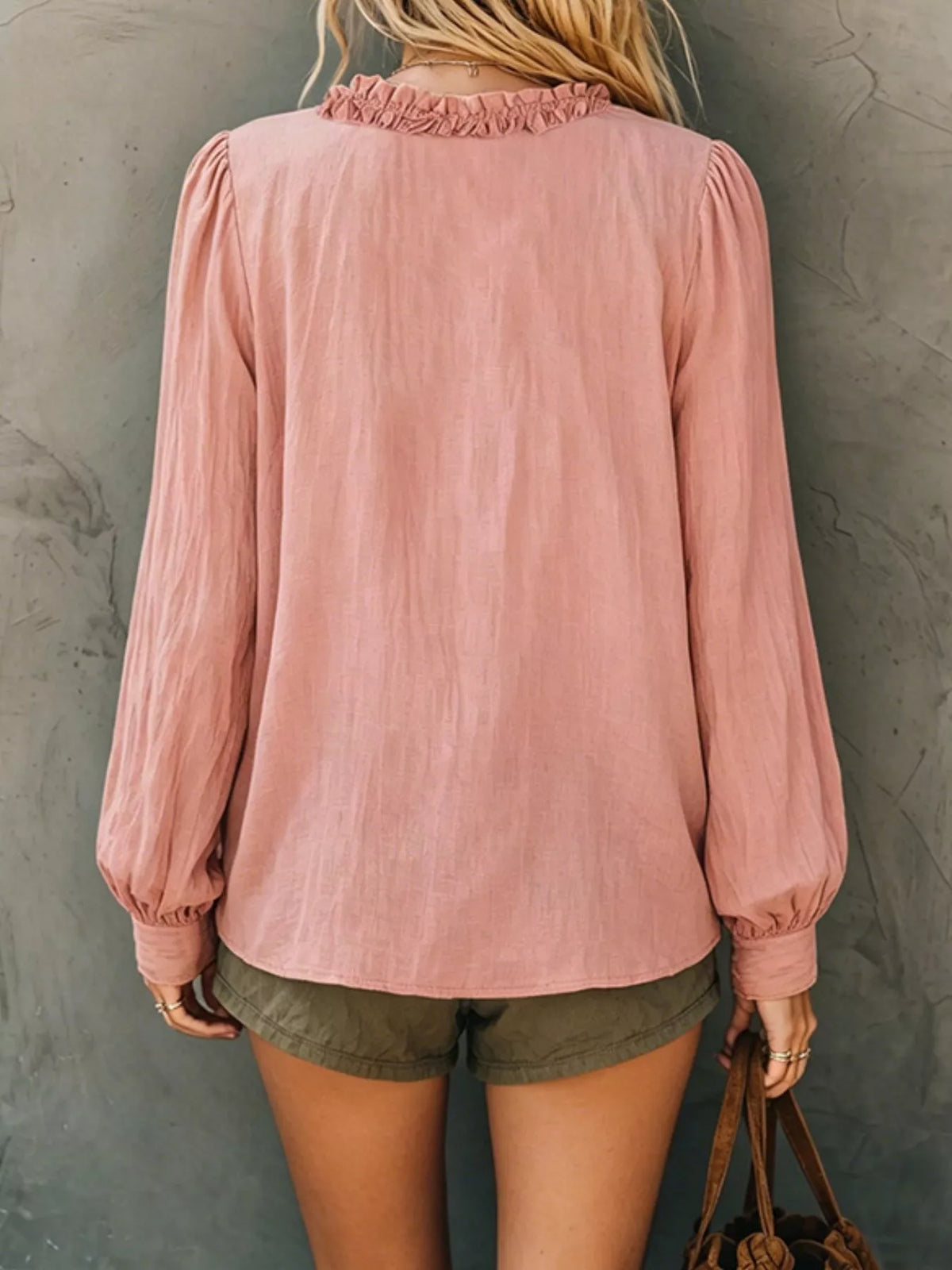 Plush Fashion Hub frill V-neck long sleeve blouse, stylish shirt with ruffle details and a V-neck design, perfect for casual or dressy wear.