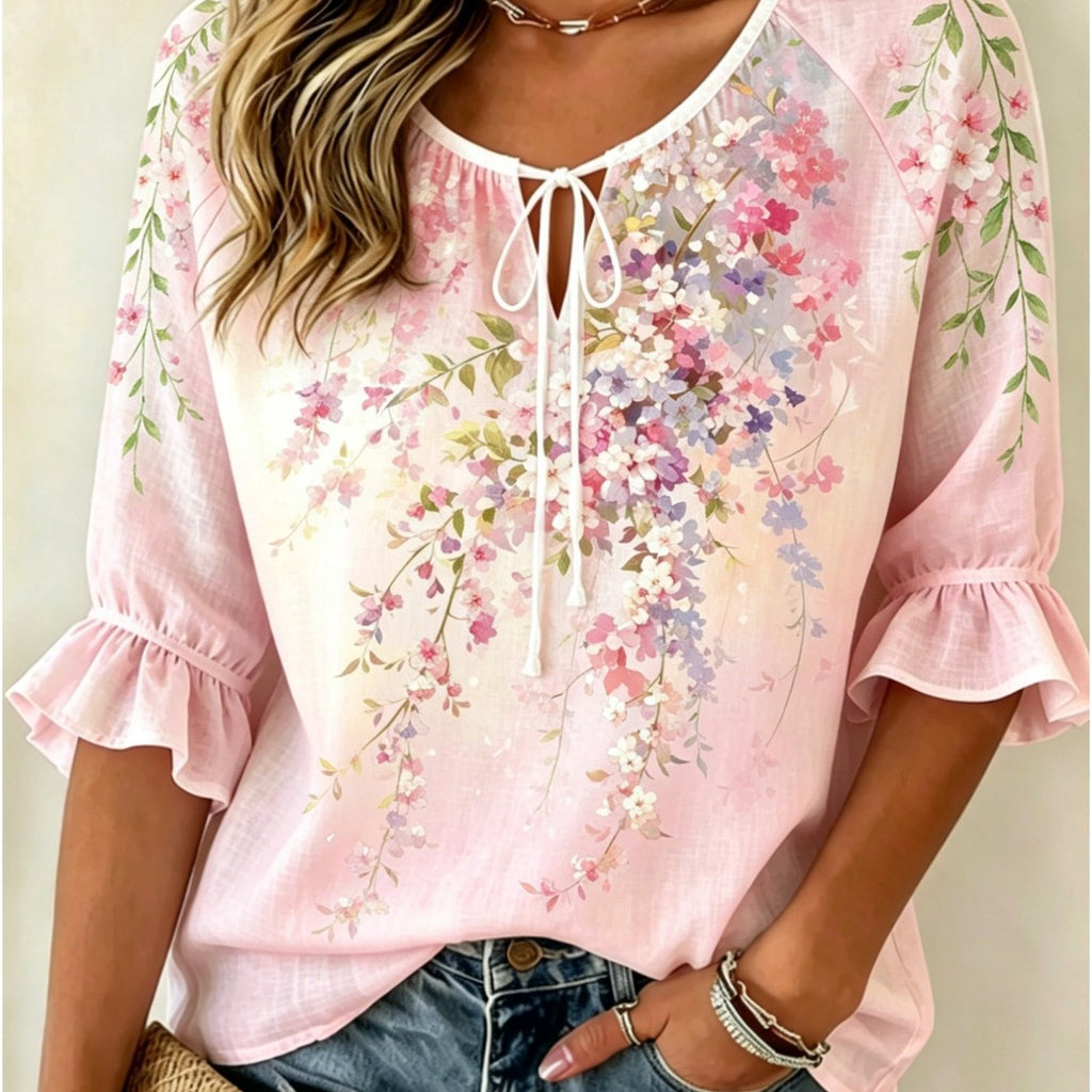 Women's floral print three-quarter sleeve casual shirt by FitiqueFit featuring a relaxed retro style and vibrant floral design.