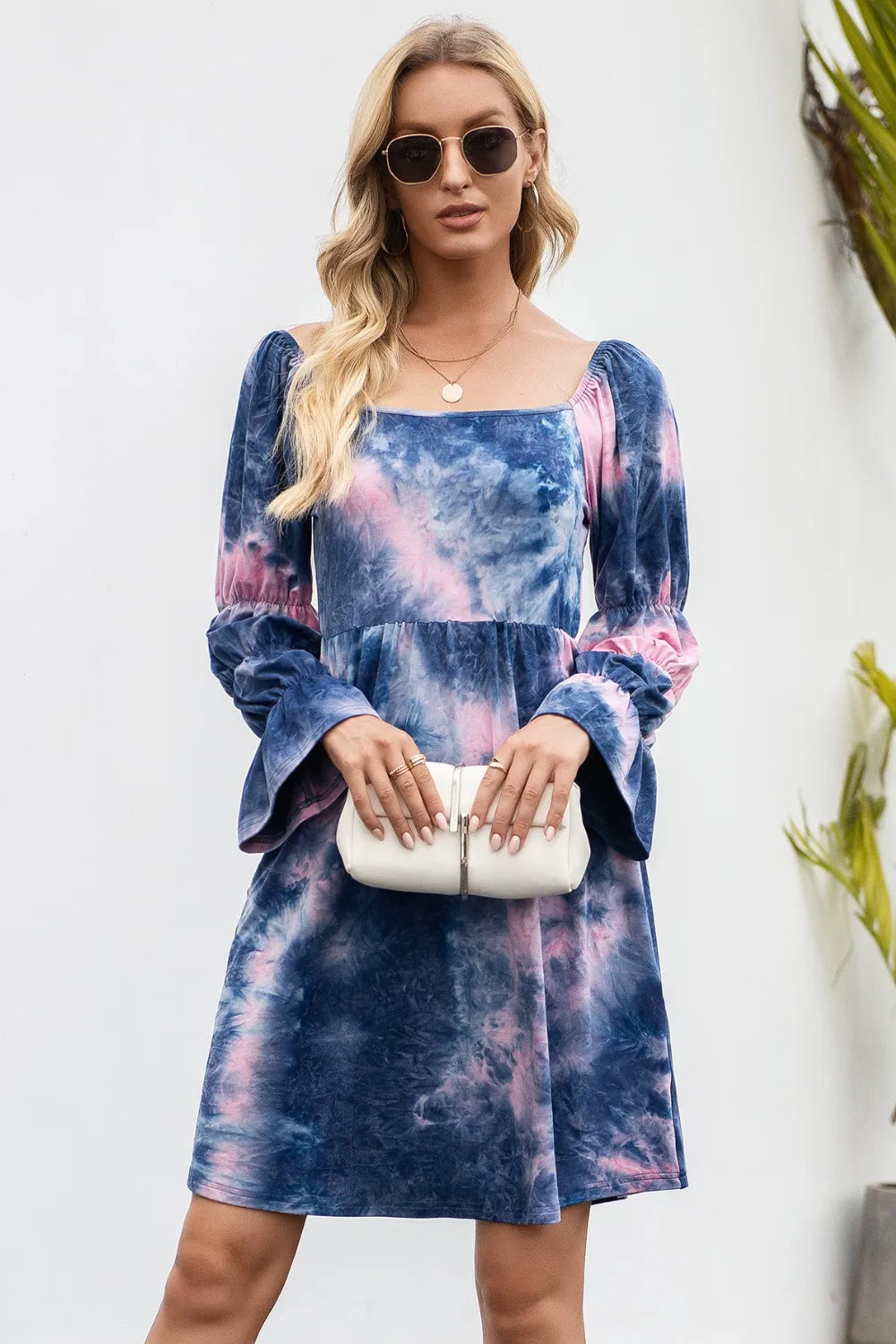 Ivy Lane tie-dye square neck dress with flounce sleeves, casual and stylish, made by Trendsi in vibrant colorful pattern.