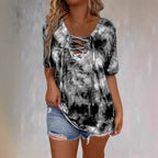 Women's tie-dye print drawstring T-shirt with short sleeves and loose fit from Plush Fashion Hub, casual everyday style.