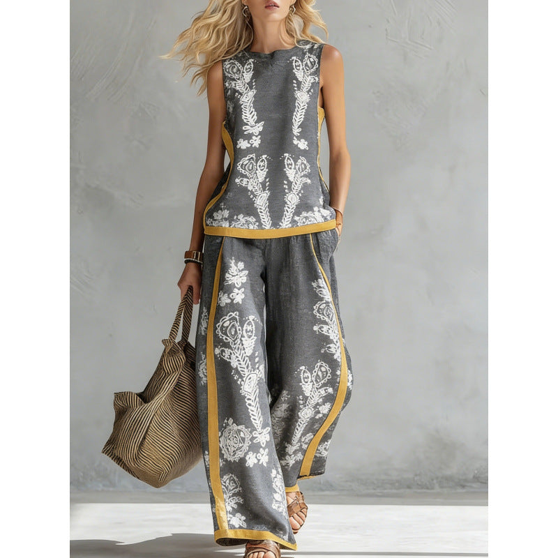 Printed retro sleeveless top and wide-leg pants set from Plush Fashion Hub, featuring vibrant 12 print options in a stylish two-piece design.