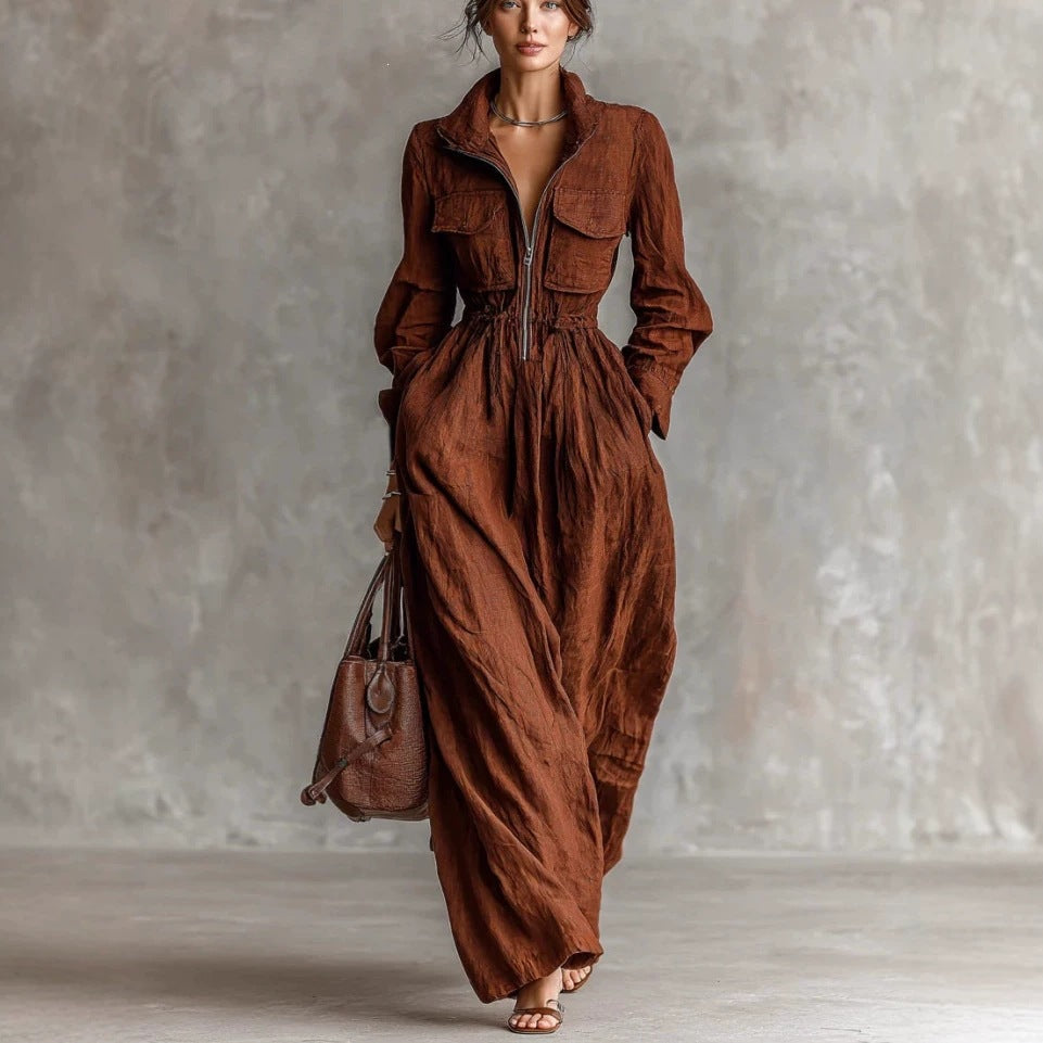 Women's long dress with zipper collar and elastic waist from eprolo, featuring a flowing fabric and stylish design.