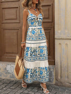 Floral print smocked sweetheart neck maxi dress by Trendsi, lightweight summer dress with flowy fabric and floral pattern.