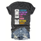 Women's casual short sleeve T-shirt with round neck and slogan print, summer top by Plush Fashion Hub.