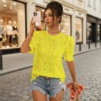 Women's loose fit lace puff-sleeve shirt top with hollow-out design, casualwear style from Plush Fashion Hub.