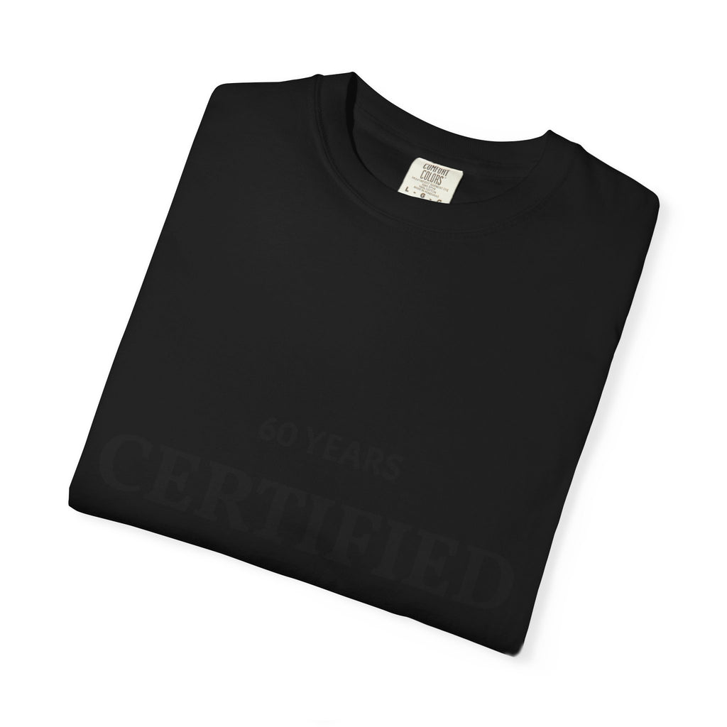 White Certified Classic 60 Years T-Shirt by Printify featuring a vintage logo design on front.