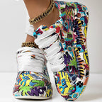 Women’s round-toe thick-sole lace-up sneakers by Plush Fashion Hub, casual printed footwear with comfortable chunky soles.