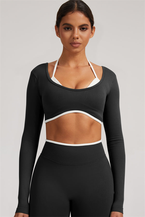 Fitglutes Activewear long sleeve crop top and leggings 2-piece set, high-waist sportswear for workout and gym activities.