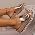 Shopimist open toe wedge sandals with tan leather straps and chunky heel, perfect for casual summer wear.