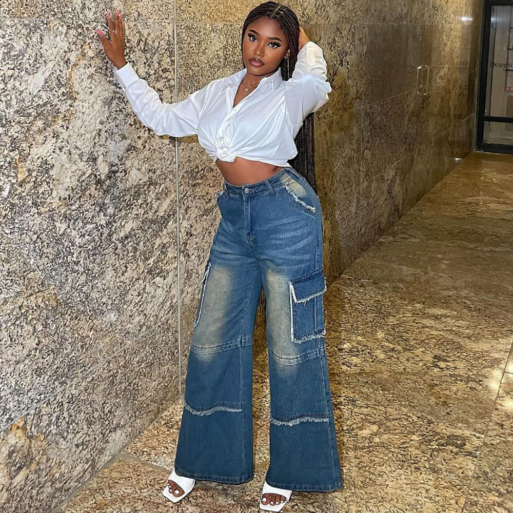 Women’s high-waisted straight-leg retro washed denim pants by Plush Fashion Hub, showcasing classic denim with a vintage fit.