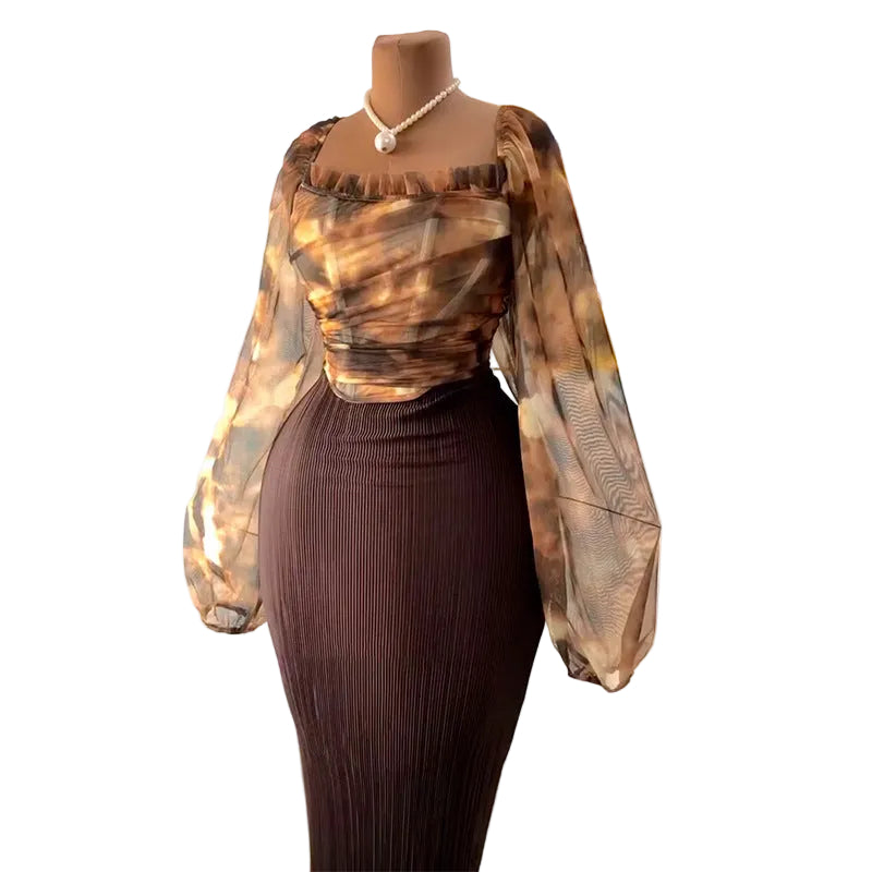 Square collar lantern sleeve top and high-waisted skirt set by Plush Fashion Hub, featuring a stylish coordinated outfit.