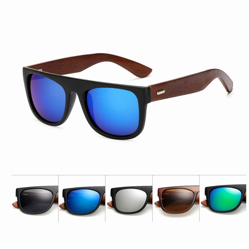 Black bamboo wooden frame sunglasses for men and women with stylish arms, from FitiqueFit eyewear collection.