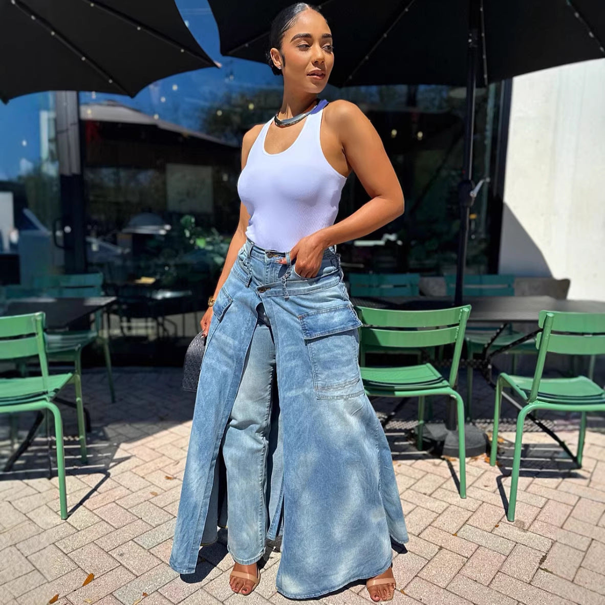 Women’s faux two-piece denim pants skirt by Plush Fashion Hub featuring a street style design with a symmetrical slit.