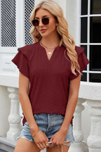 Light blue eyelet notched flutter sleeve T-shirt from Trendsi, featuring a relaxed fit and stylish flutter sleeves.