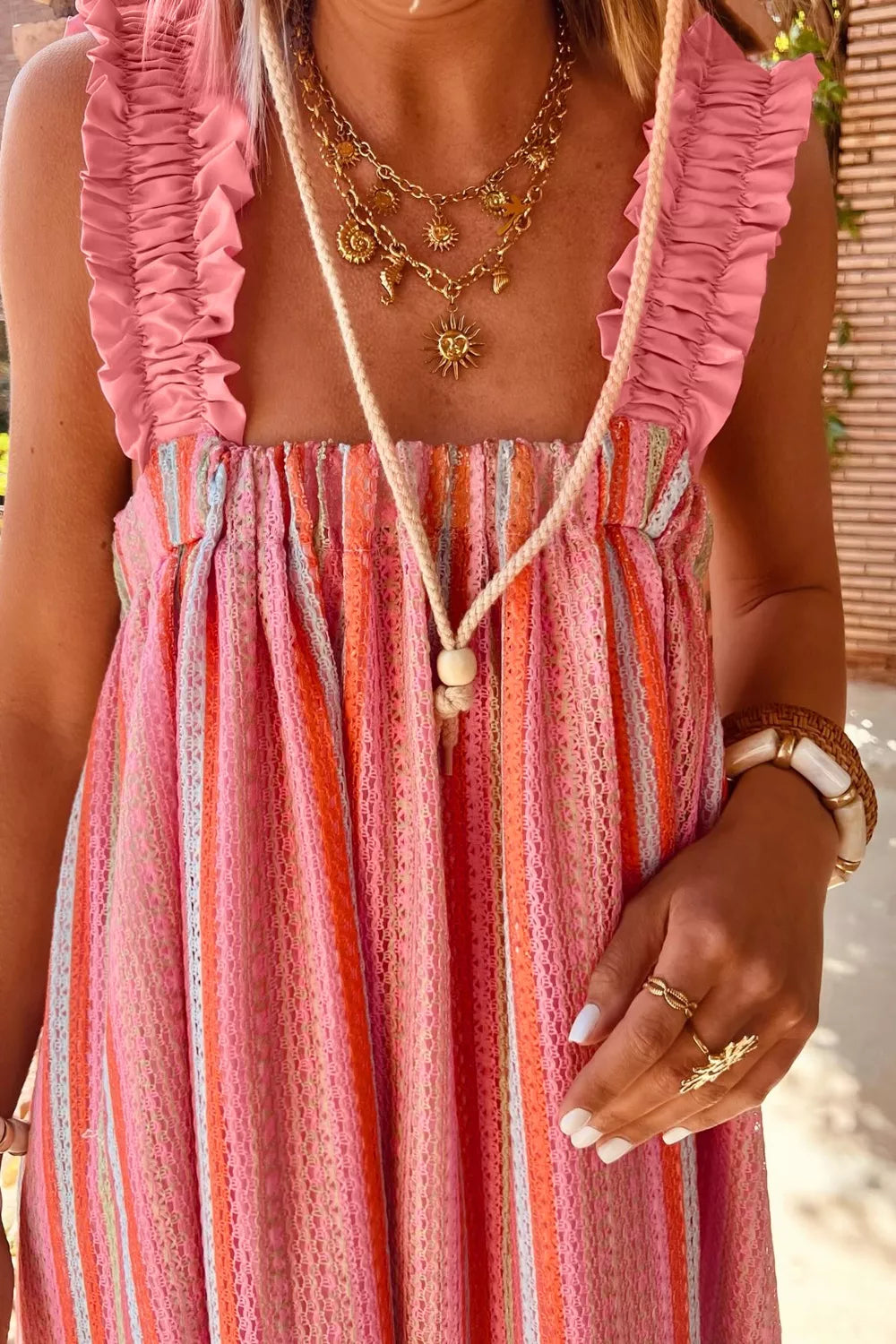 Flowy Plush Fashion Hub maxi dress with ruffled straps, ribbon knot detail, perfect for vacation, featuring a stylish stripe pattern.