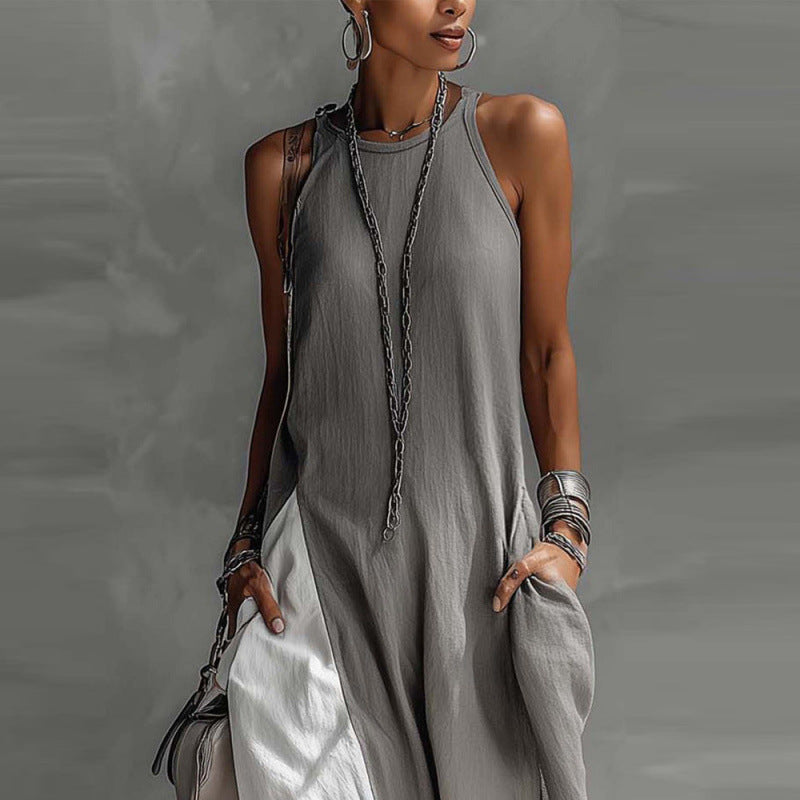 Off-shoulder color-block flared maxi dress with pockets by FitiqueFit, shown in five different colors and flowing fabric.