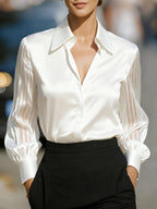 Loose satin long sleeve shirt for women in solid color, versatile and stylish, by Plush Fashion Hub.
