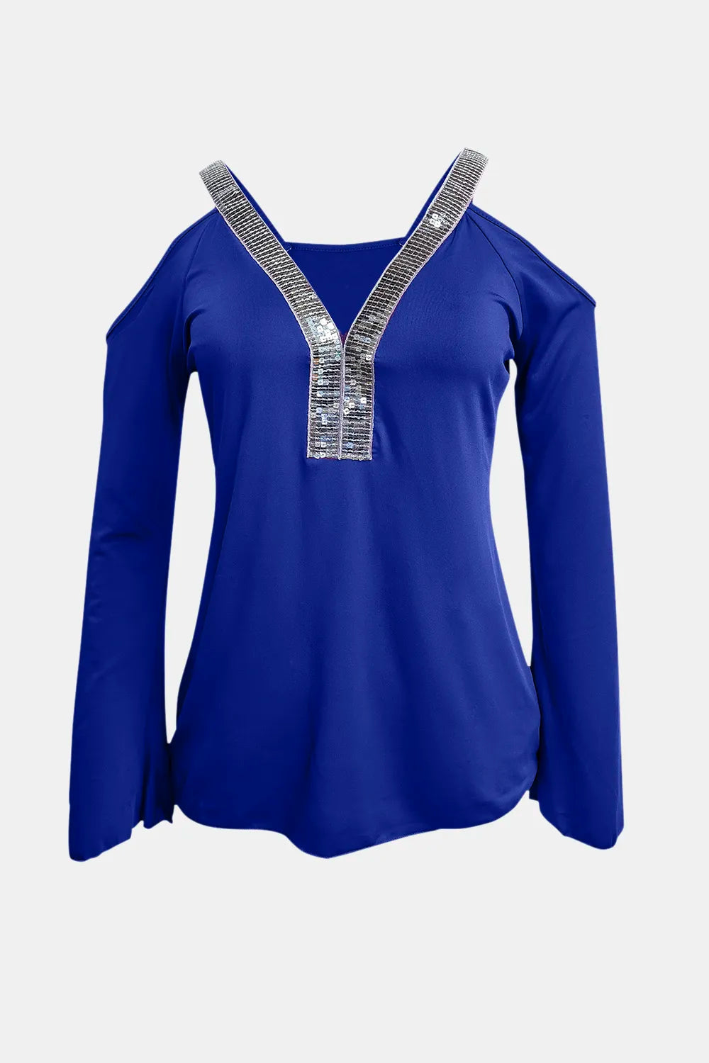 Sequin V-neck cold shoulder top from Trendsi, featuring shimmering sequins and a stylish V-neck with cold shoulder cutouts.