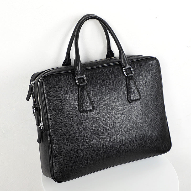 Men's leather briefcase handbag by Plush Fashion Hub, horizontal design with large capacity and cowhide leather finish.