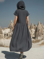 Plus size hooded midi dress with zipper and pockets by Shopimist, featuring a relaxed fit and casual style.
