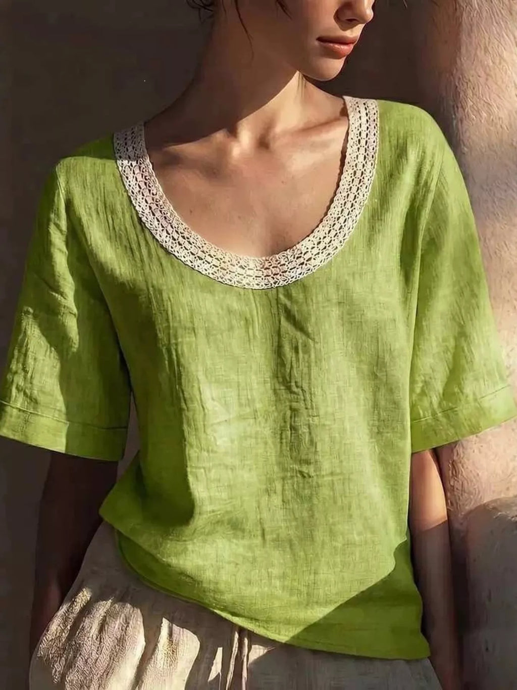 Plus size lace trim short sleeve blouse by Shopimist, showcasing the full size design with delicate lace accents and a classic fit.