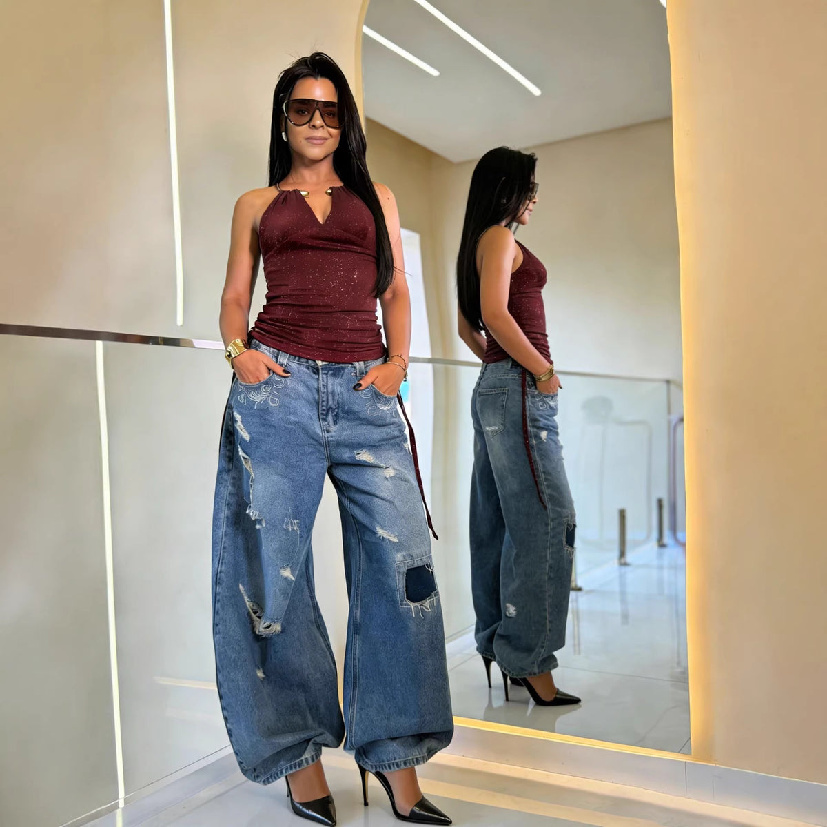 Eprolo street style distressed washed skinny jeans with patched details and a fitted design, casual urban fashion look