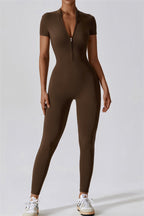 Fitglutes Activewear Mia Belle jumpsuit shown on a model, featuring a sleek, fitted design ideal for gym and workout sessions.